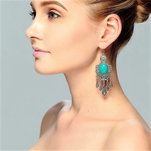 Bella Smyle Jewelry - BE1 | Boho Long Turquoise Flower Drop Earrings